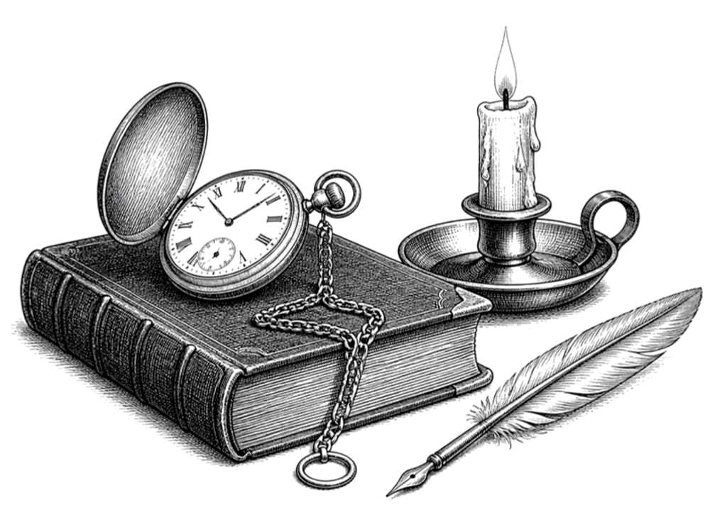 Pen-and-ink engraving of an antique pocket watch on a ledger beside a candle and a quill pen