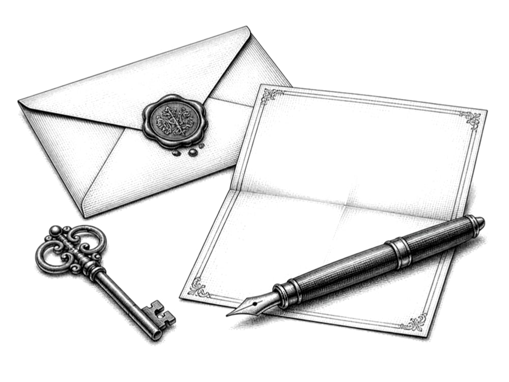Pen-and-ink engraving of an antique brass key beside a sealed envelope and a fountain pen on a folded form
