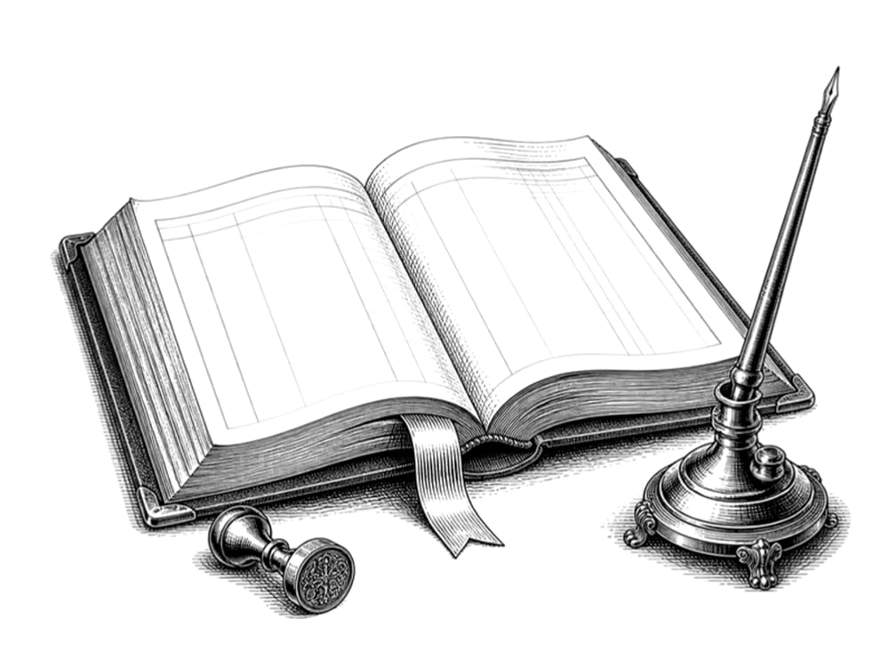 Pen-and-ink engraving of a large open register book with a ribbon bookmark, a seal stamp and a pen stand