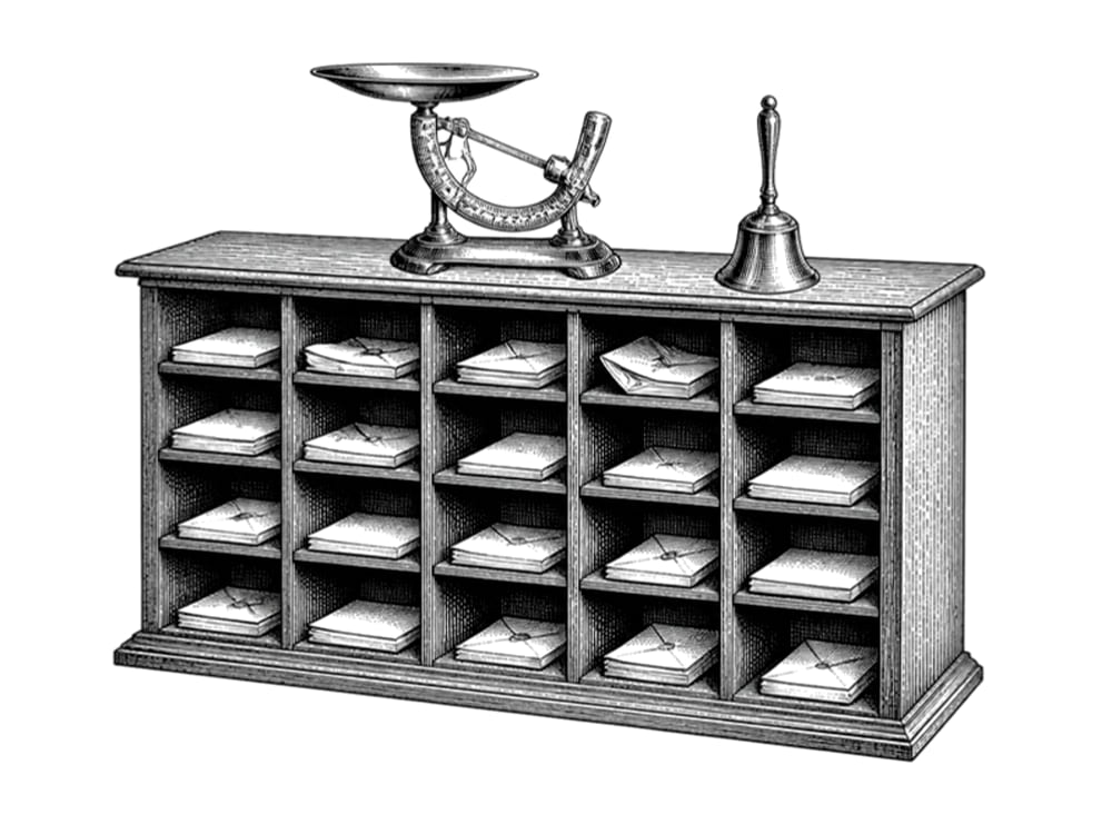 Pen-and-ink engraving of a wooden pigeonhole cabinet of letters with a brass letter scale and a hand bell on top