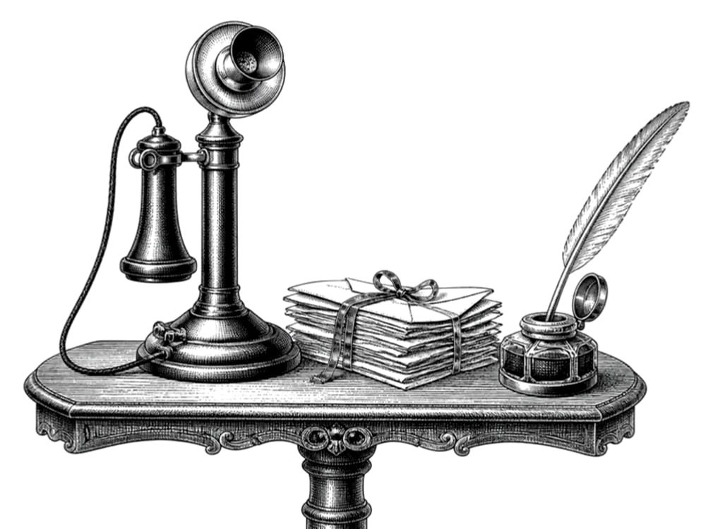 Pen-and-ink engraving of an antique candlestick telephone beside a stack of letters tied with ribbon and an inkwell with a quill
