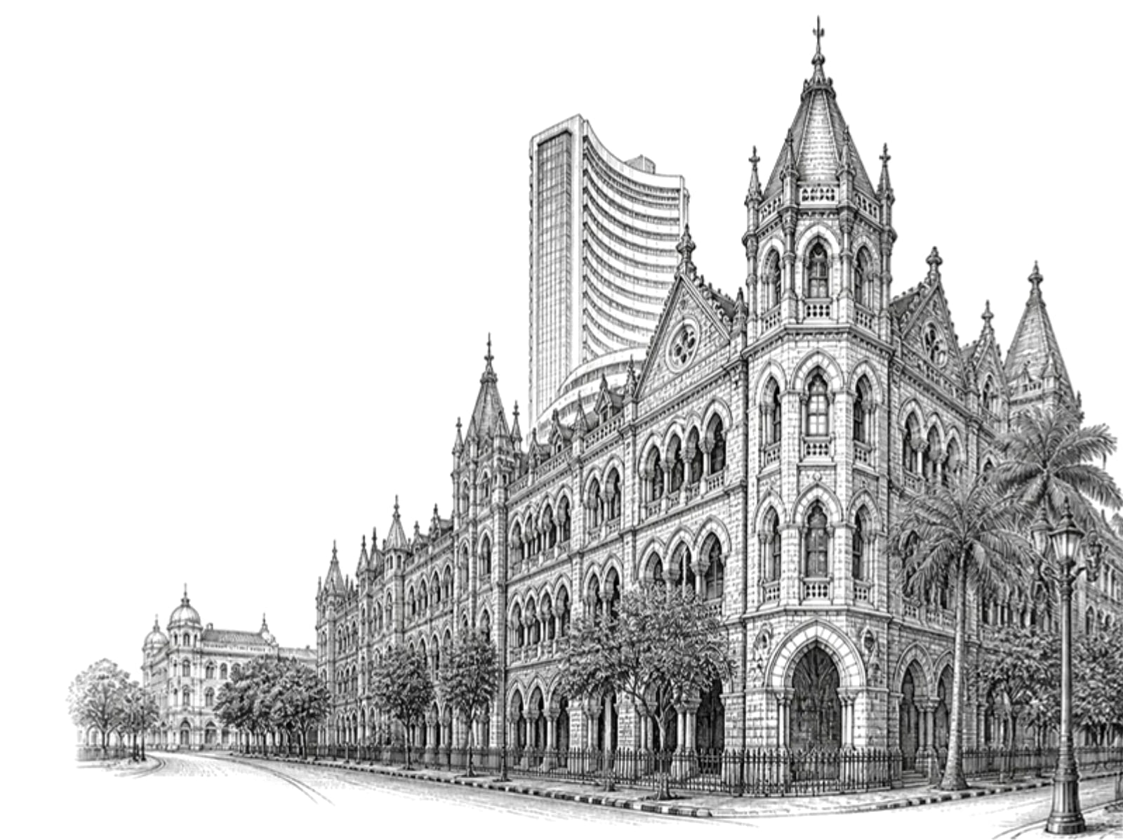 Pen-and-ink engraving of a Victorian Gothic exchange building on Dalal Street, Mumbai, with a curved modern tower rising behind it