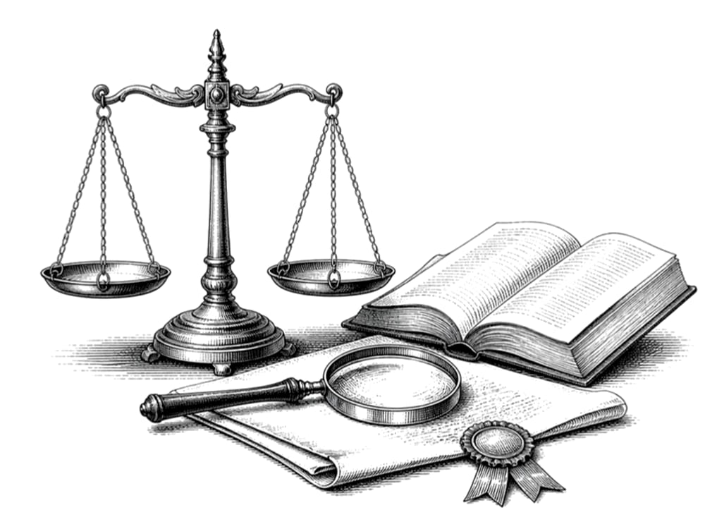 Pen-and-ink engraving of brass balance scales, an open book and a magnifying glass on a sealed document