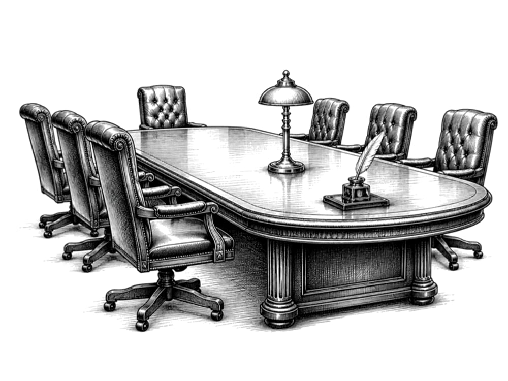 Pen-and-ink engraving of an empty boardroom table with leather chairs, a brass lamp and an inkwell with a quill
