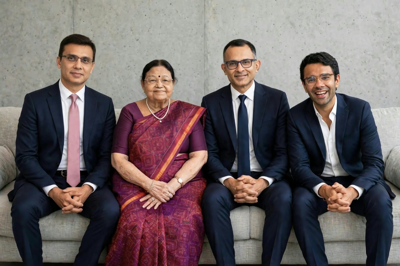 The four directors of HNSPL seated side by side on a sofa against a concrete wall: Mr. Kartik Broker in a navy suit and pink tie, Mrs. Ranjan Broker in a purple saree, Mr. Udayan Broker in a navy suit and navy tie, and Mr. Tanish Broker in a navy blazer and open white shirt