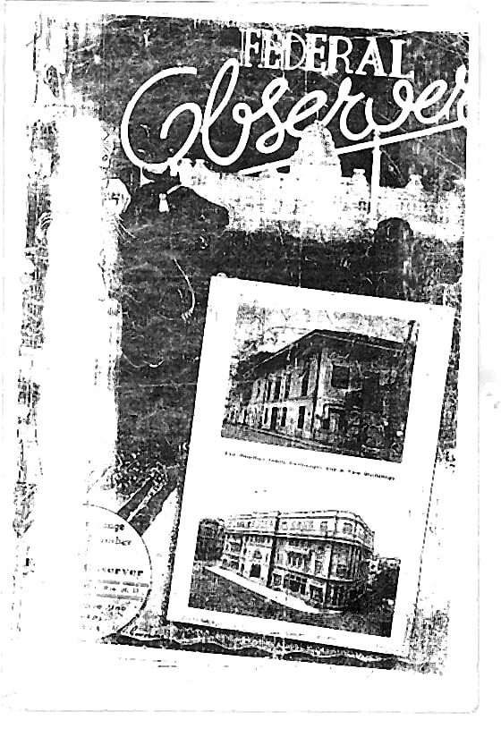 Cleaned scan of the cover of an old issue of the Federal Observer, showing two photographs of Bombay Stock Exchange buildings