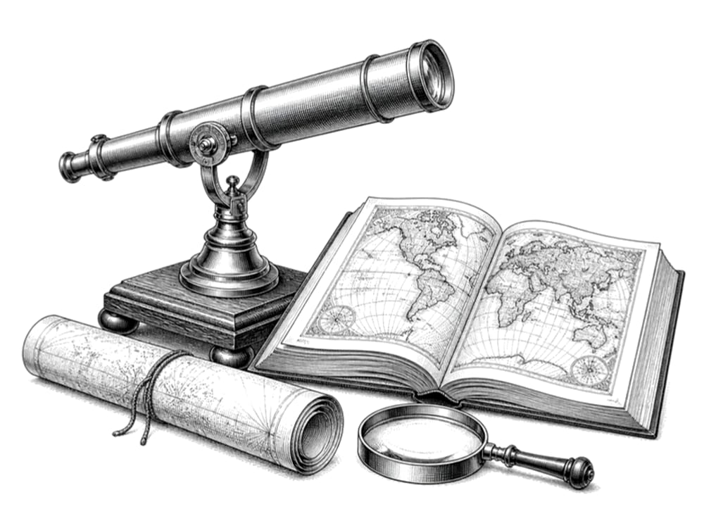 Pen-and-ink engraving of a brass telescope on a stand beside an open atlas, a rolled chart and a magnifying glass